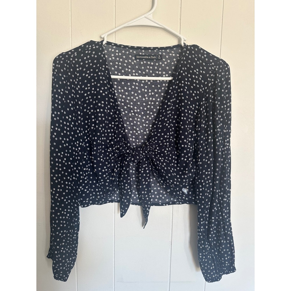 Abercrombie Fitch Navy White Floral Tie Front Cropped Blouse Size S New